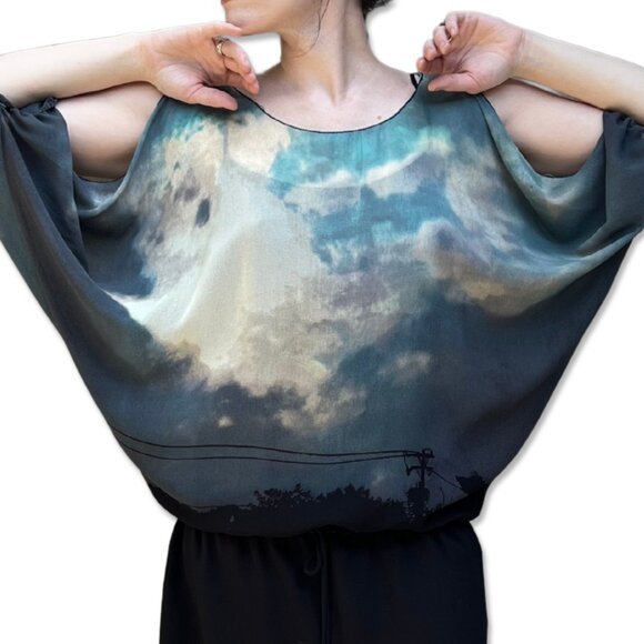 M.S.S.P. Cloud Print Dress Black Skirt Overlay Batwing Sleeves Adjustable Waist - Picture 5 of 7